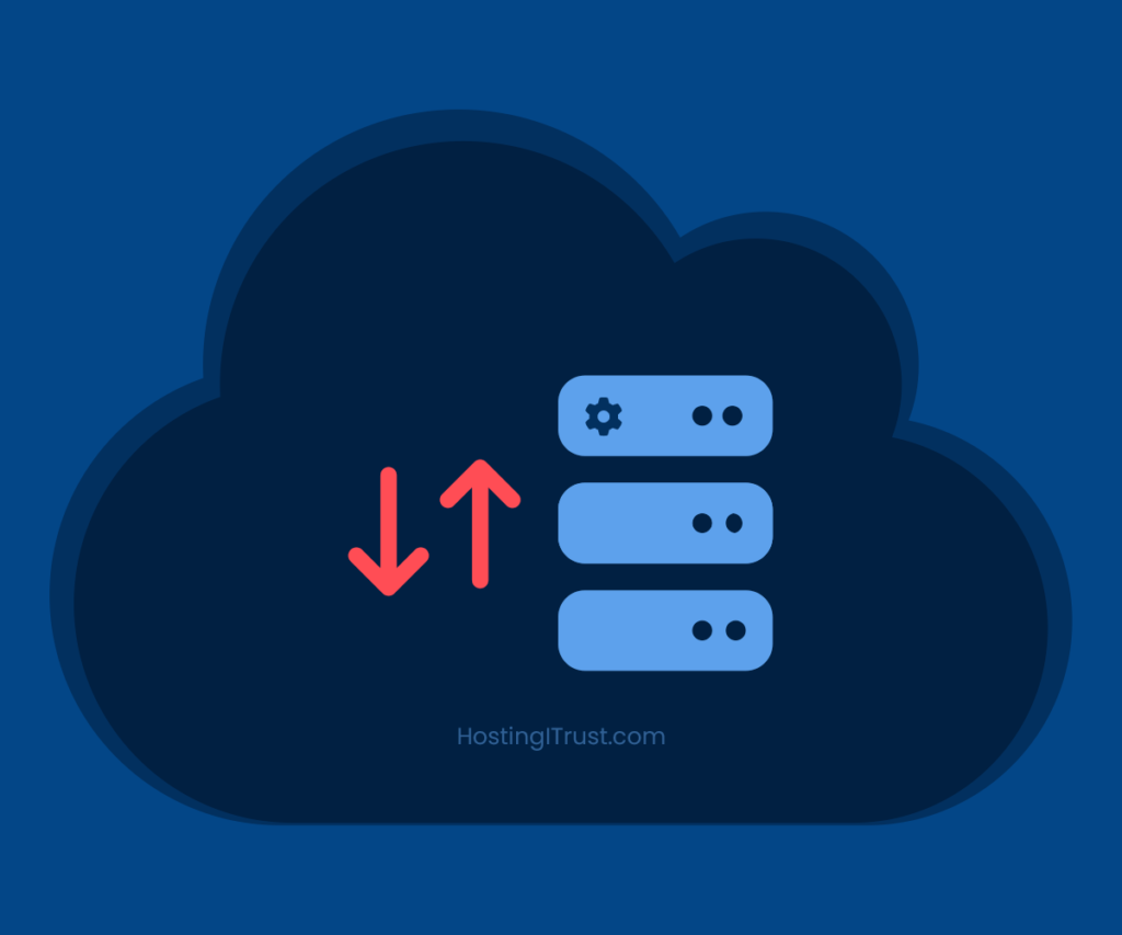 Cloud shaped icon with servers stacked on top of each other inside it, with up and down arrows beside it depicting moving to another host.