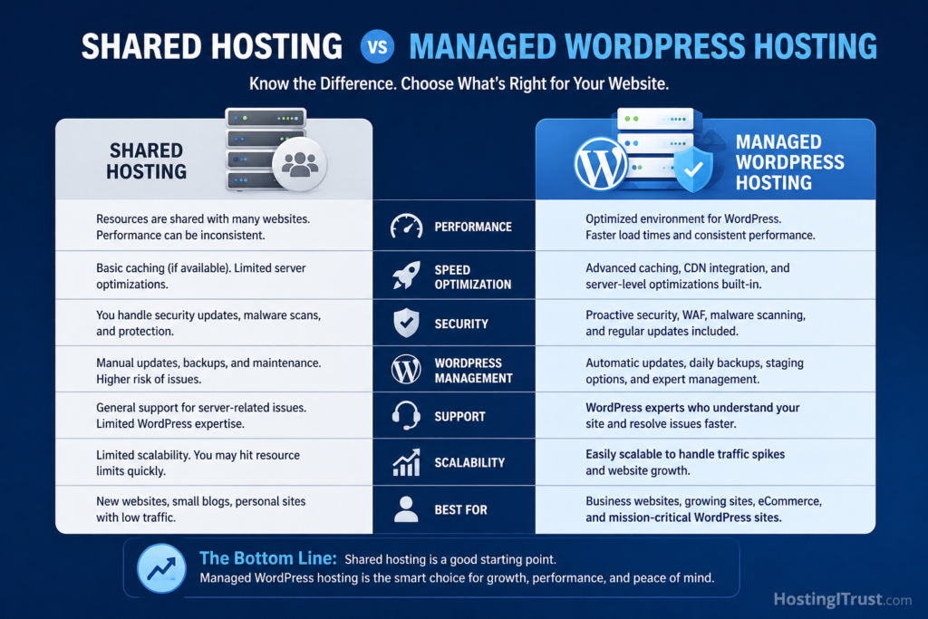 Shared Hosting Vs Managed WordPress Hosting comparison-table.  